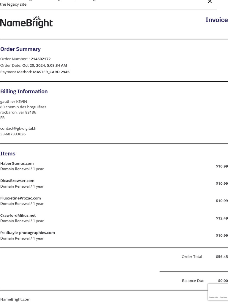 NameBright - My Account - Order History - Invoice | PDF