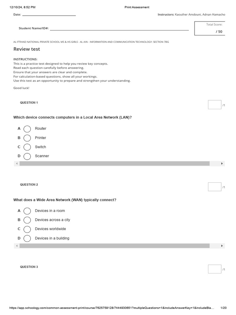 Review+Test++Answers+Key | PDF | Computer Network | Bit