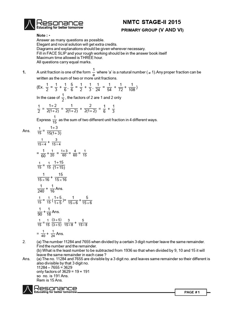 190 NMTC 2015 Answer Key Primary Group | PDF | Triangle | Discrete ...