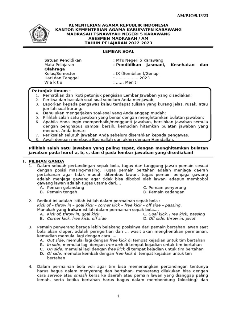 Soal Pengetahuan Olahraga Kelas IX | PDF