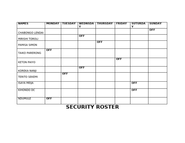 Security Roster: Names Monday Tuesday Wednsda Y Thursday Friday Suturda ...