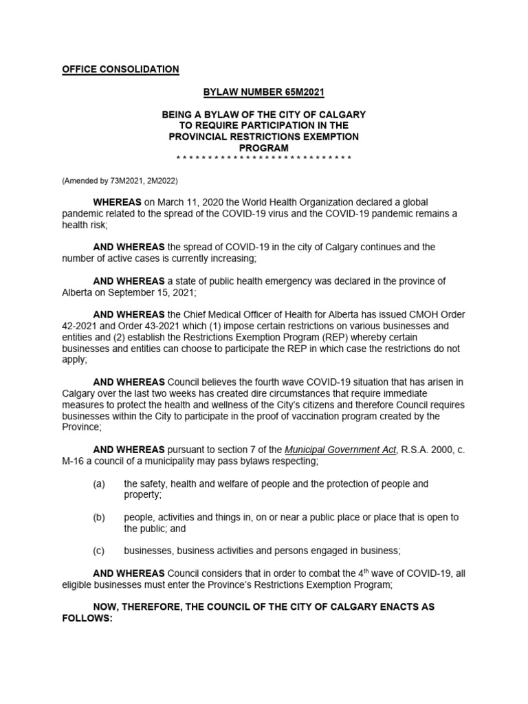 Calgary Vaccine Passport Bylaw 65M2021 | PDF | Public Law | Justice