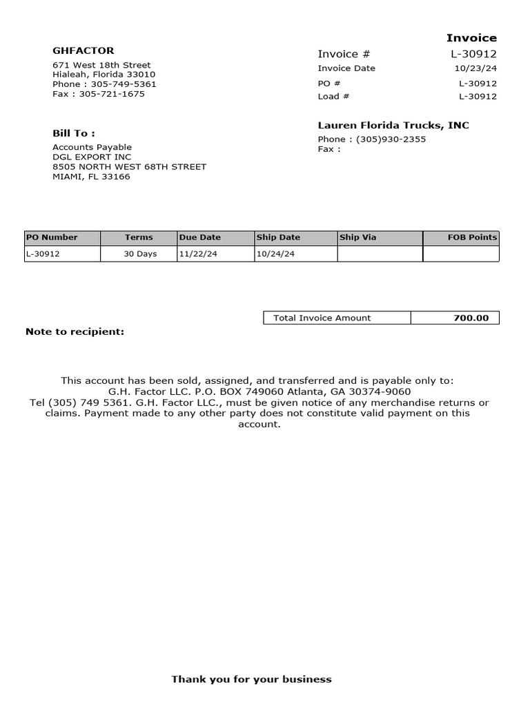 Invoice and Assignment Notice L-30912 | PDF | Cargo | Freight Transport