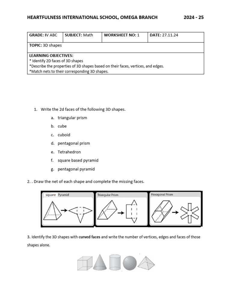 3D Shapes Worksheet for Grade IV | PDF