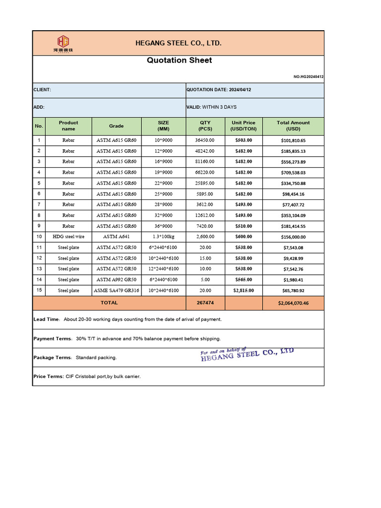 Hegang Steel Quotation for Rebar & Plates | PDF | Building Materials ...