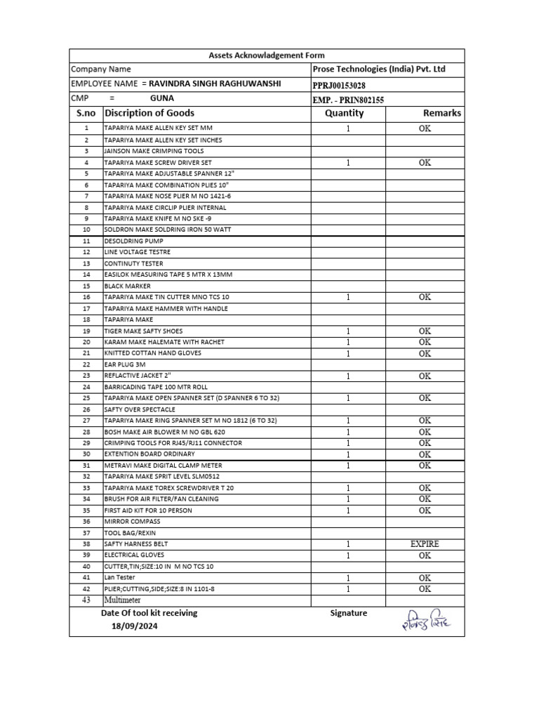 Tool Kit Inventory for Prose Technologies | PDF | Electrical ...