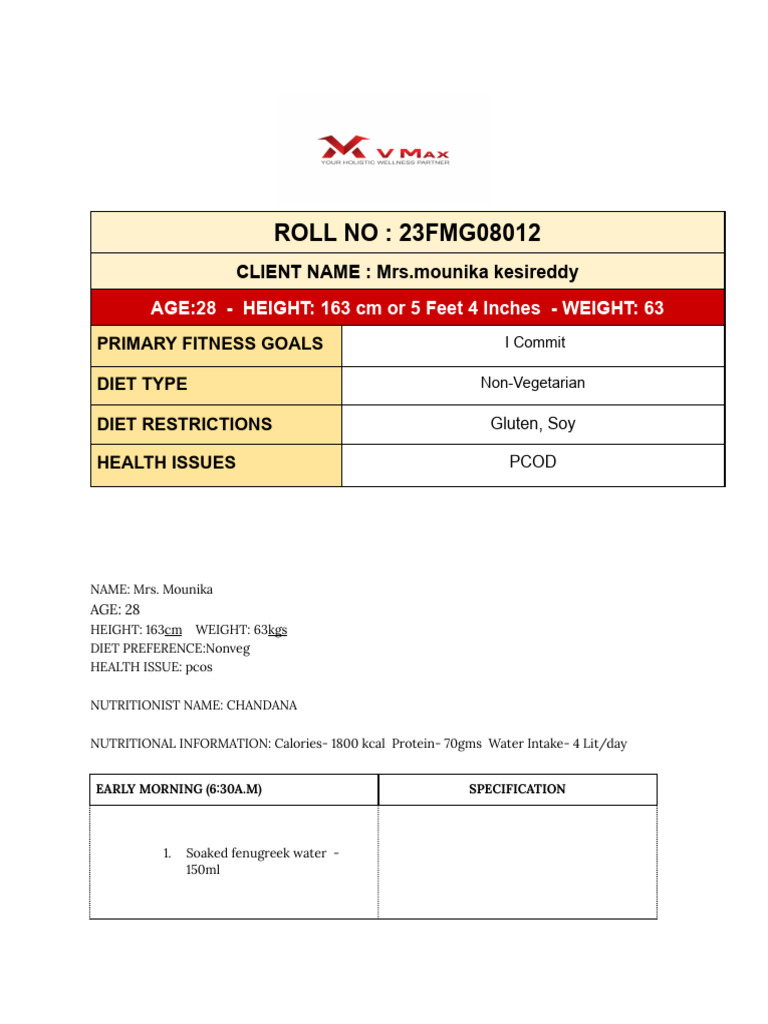 Diet Chart 23FMG08012 Mrs. Mounika Kesireddy | PDF | Curry | Vegetables