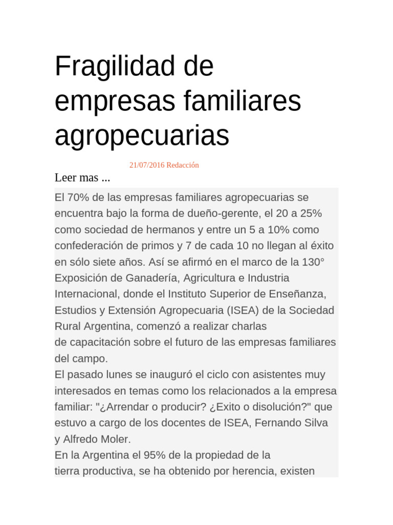 Fragilidad de Empresas Familiares Agropecuarias | PDF | Business ...