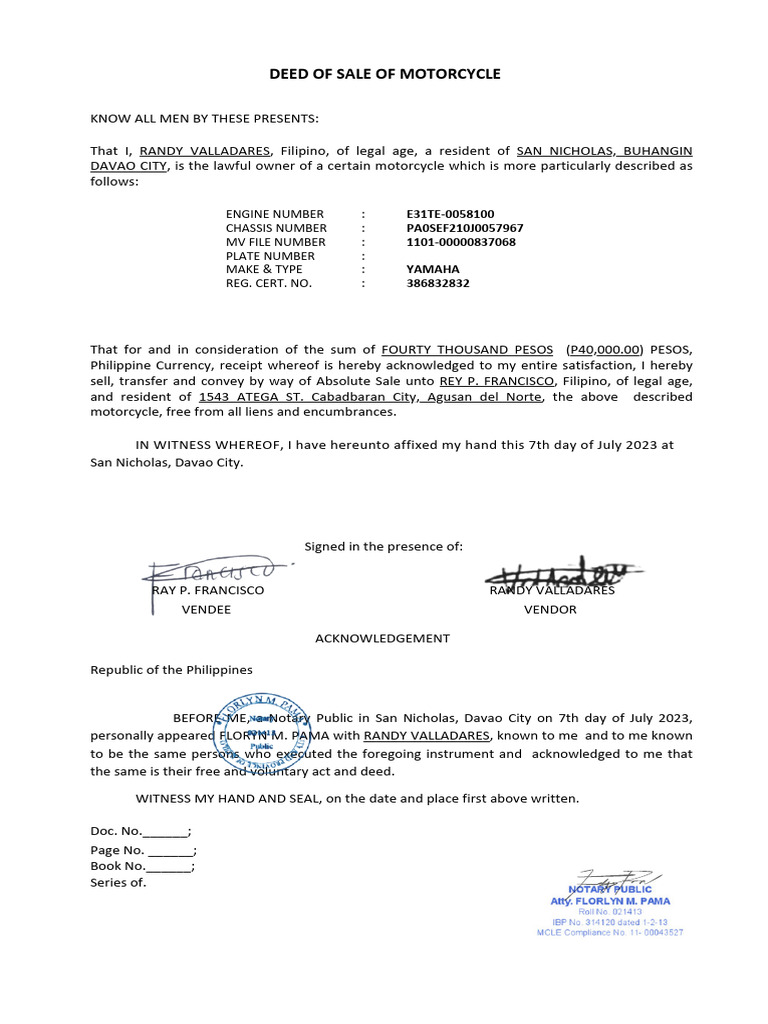 DEED OF SALE OF MOTORCYCLE RANDY | PDF