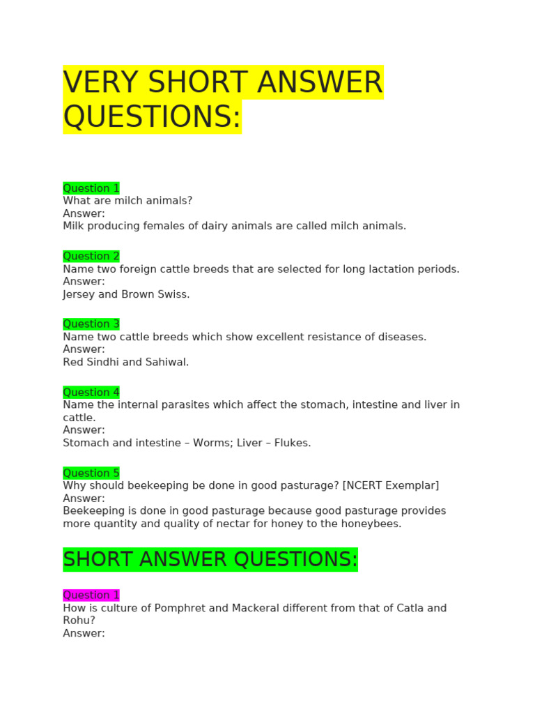 VERY SHORT ANSWER QUESTIONS Bio | PDF | Beekeeping | Honey