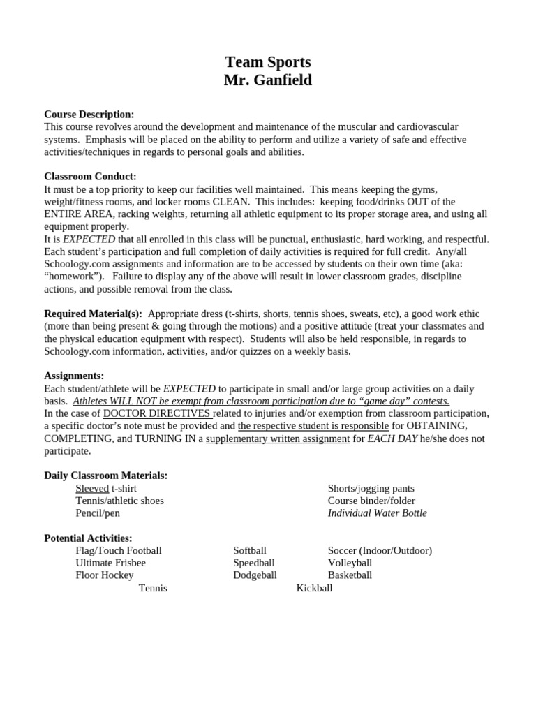 Team Sports Course Overview and Guidelines | PDF