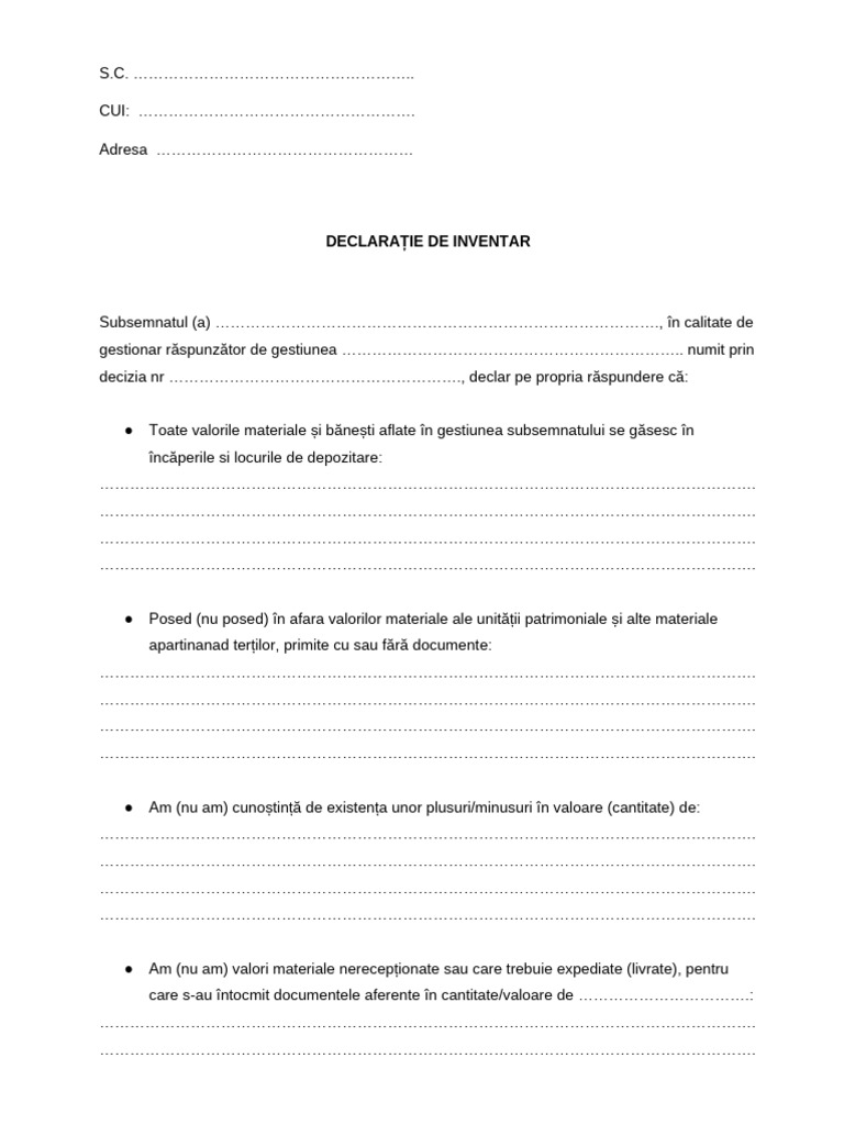 Model Declaratie Gestionar Inainte de Inventariere | PDF