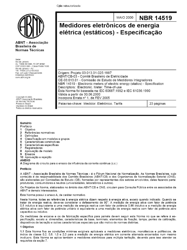 NBR 14519 - Medidores Eletronicos de Energia Eletrica (Estaticos ...
