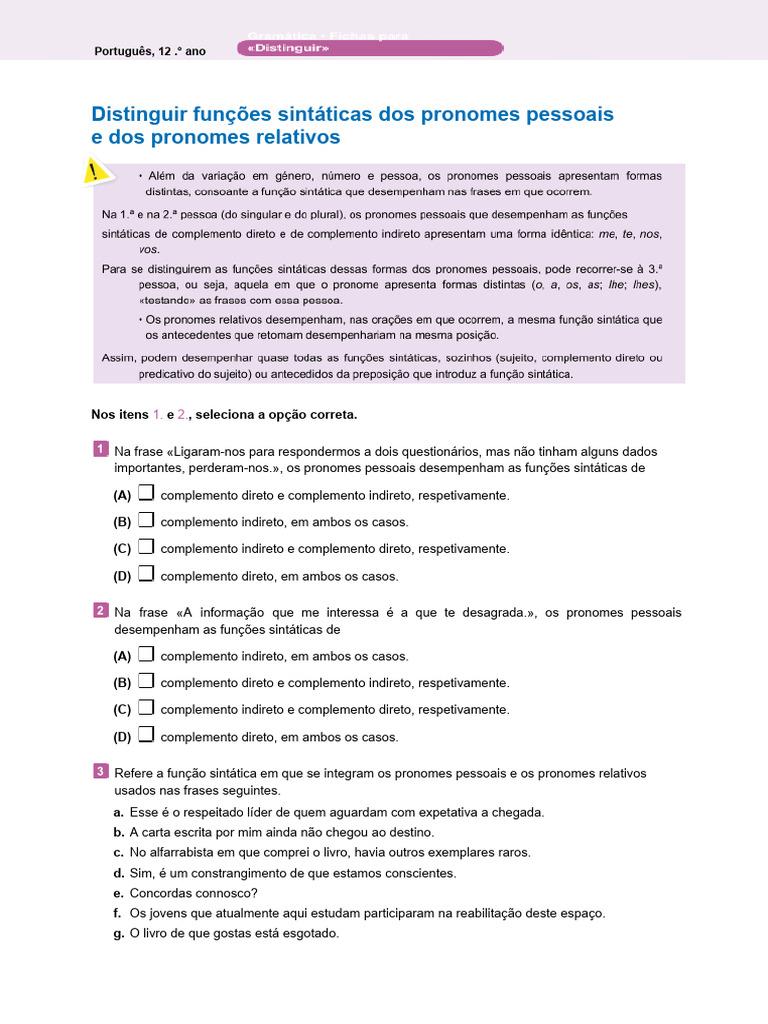 Funções Sintáticas: Pronomes Pessoais e Relativos | PDF