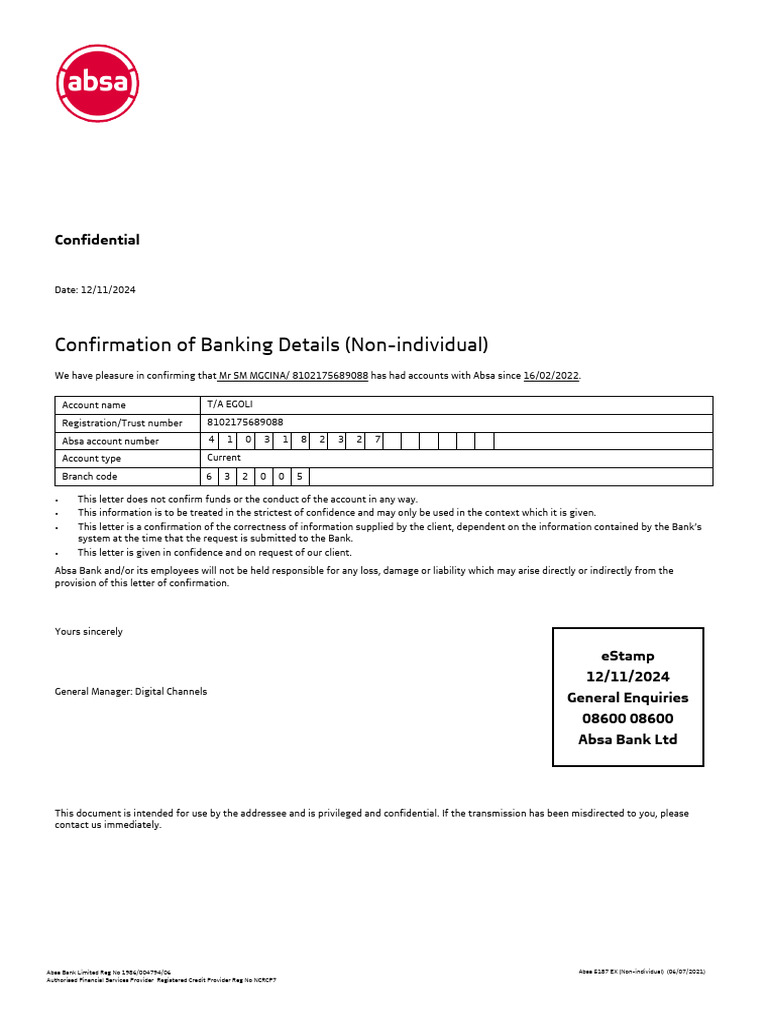 Absa Bank Confirmation of Banking Details | PDF