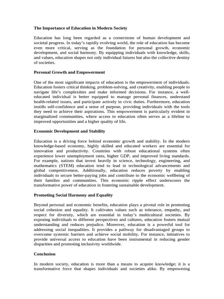 The Importance of Education in Modern Society | PDF | Economic Growth ...