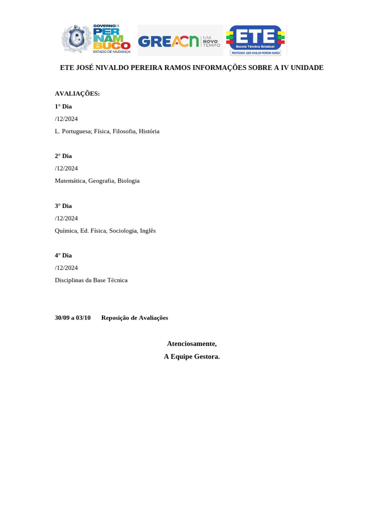 Informações Sobre As Provas Da IV Unidade | PDF