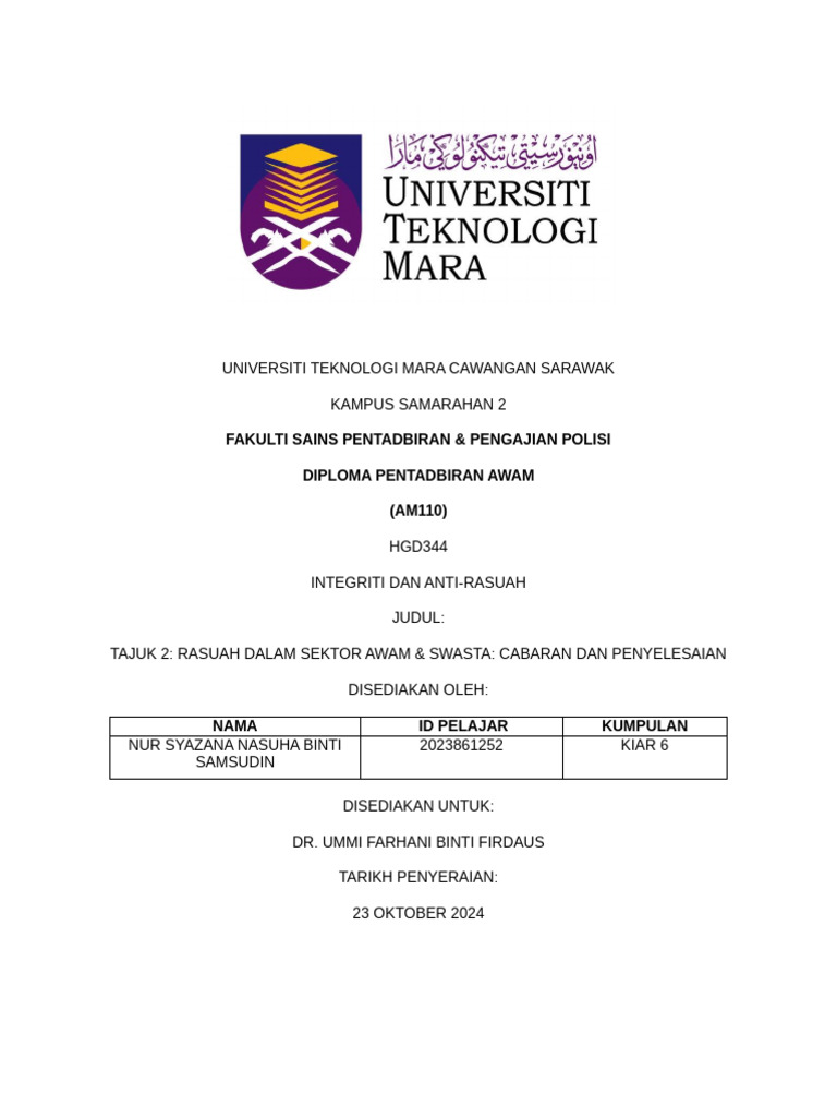 Rasuah Dalam Sektor Awam Dan Swasta Syazana | PDF
