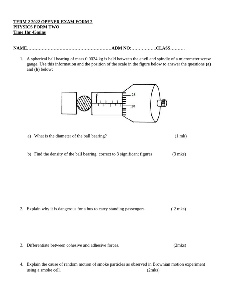 Physics Form Two Term 2 Exam Questions | PDF | Density | Mass