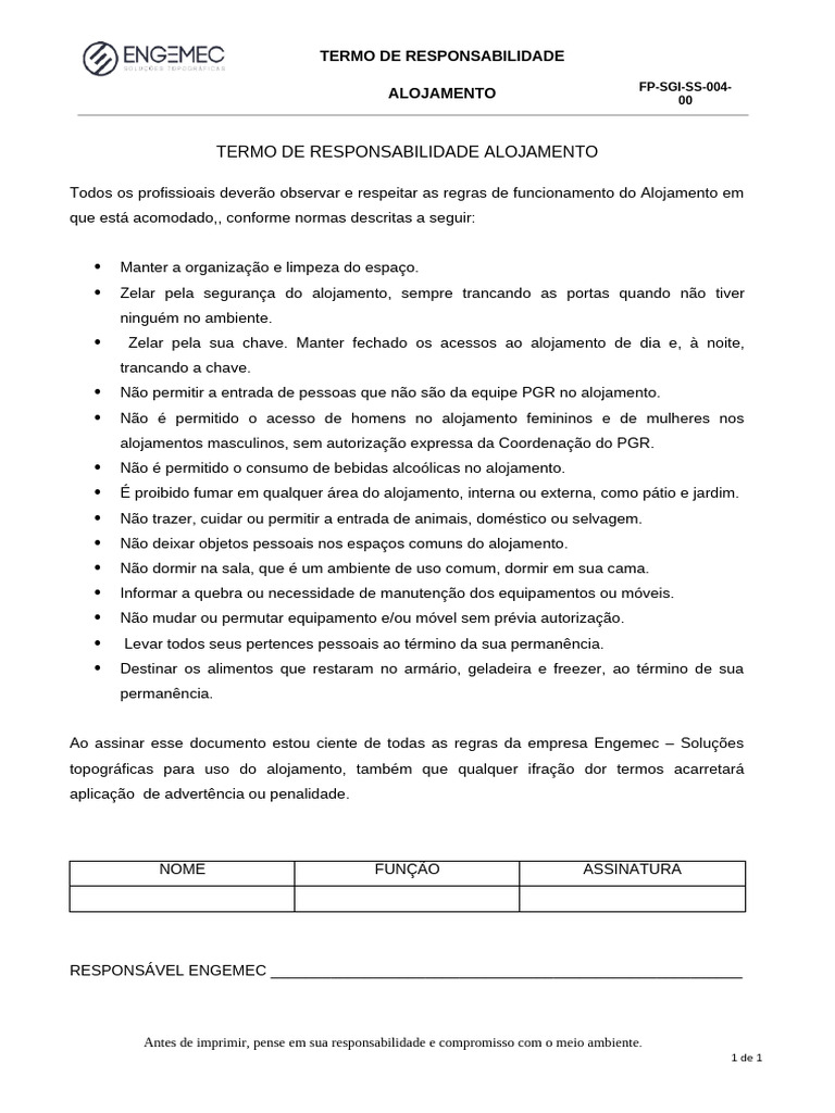 Regras de Uso do Alojamento Engemec | PDF
