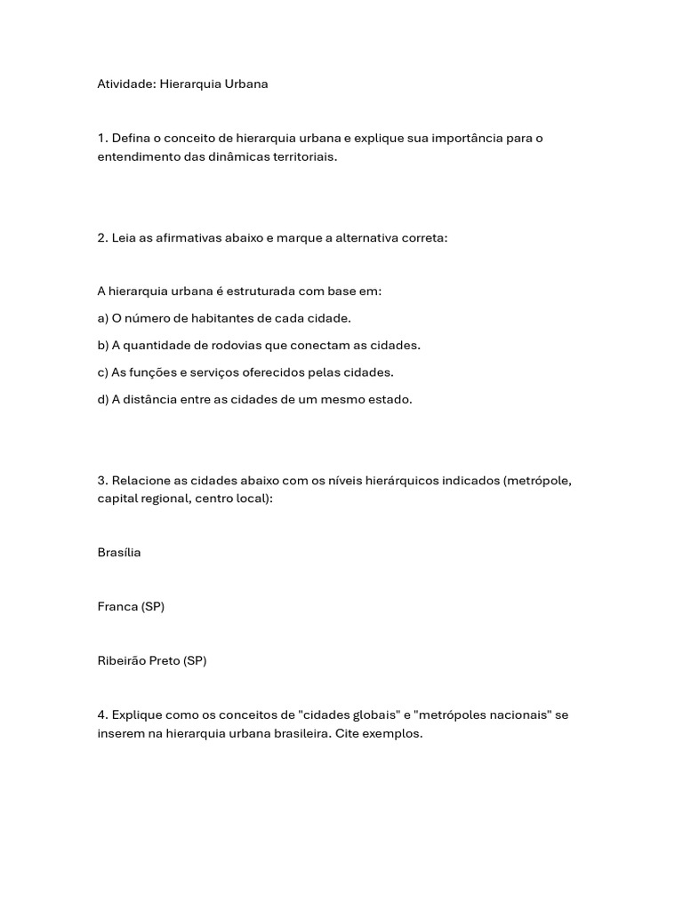 Atividade sobre Hierarquia Urbana 5º Ano | PDF