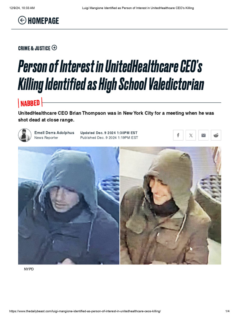 Luigi Mangione Identified As Person of Interest in UnitedHealthcare CEO ...