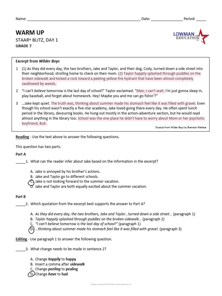 Kami Export - 1.-Day-1.-Warm-Up.-STAAR®-Blitz.-RLA.-7th-Grade | PDF