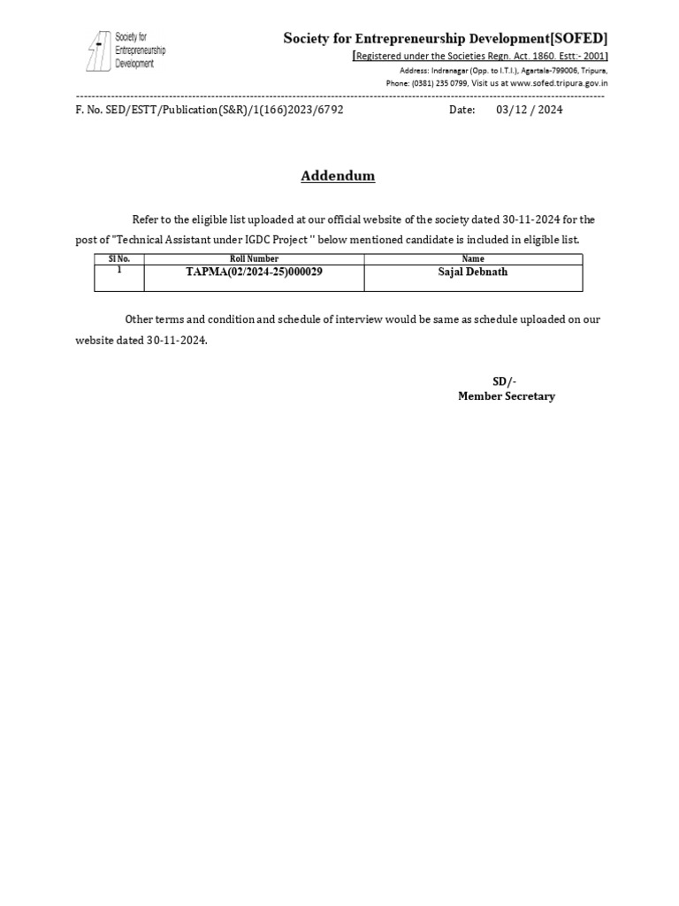 Addendum for Technical Assistant Eligibility | PDF
