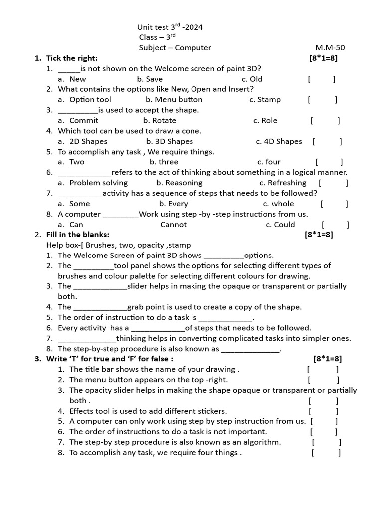 Computer Unit Test: Fill in the Blanks | PDF | Computer Science | Computing