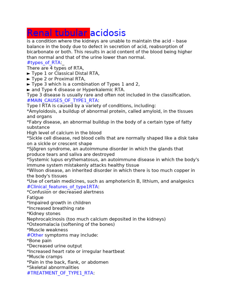 Understanding Renal Tubular Acidosis Types | PDF
