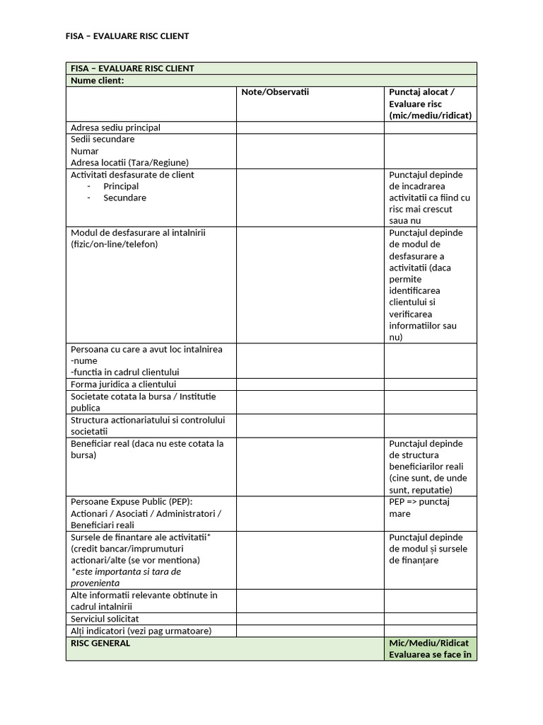 FISA Evaluare Risc Client | PDF