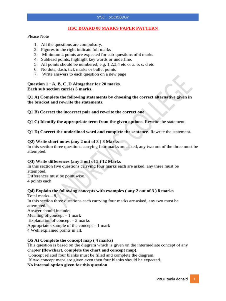 HSC Sociology 80 Marks Exam Pattern | PDF | Cost Of Living
