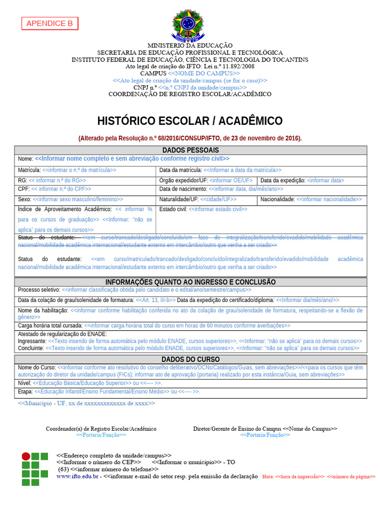 Histórico Escolar do Tecnólogo IFTO | PDF
