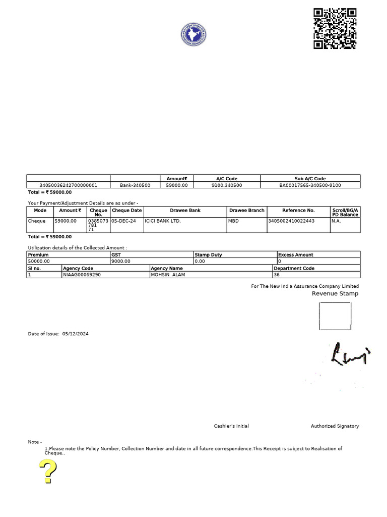 New India Assurance Collection Receipt | PDF | Cheque | Taxation