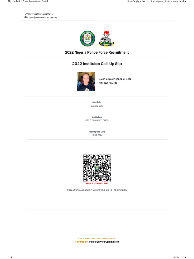 Nigeria Police Call-Up Slip 2022 | PDF