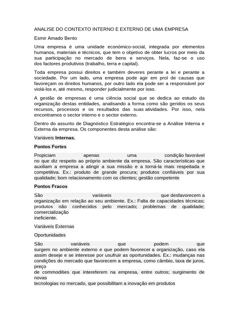 Análise SWOT: Fatores Internos e Externos | PDF | Análise SWOT | Gestão ...