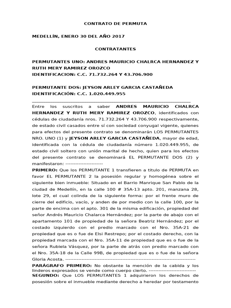 Permuta de Inmuebles y Vehiculo | PDF | Derecho y economía | Derecho ...