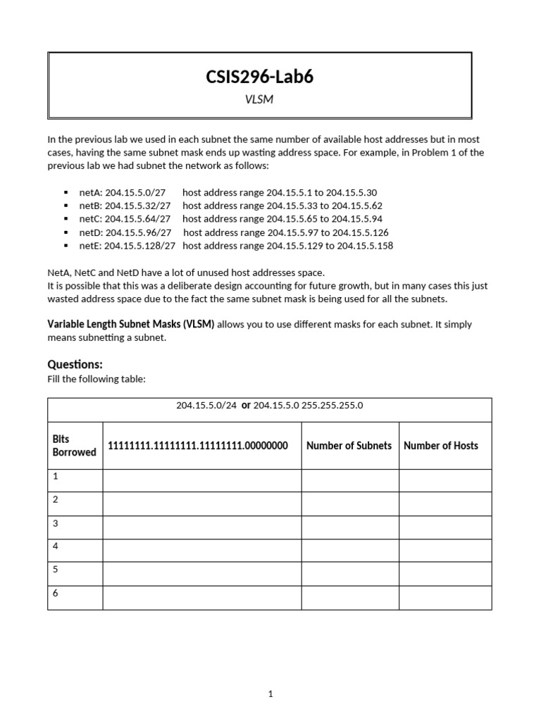 CSIS296 Lab6 VLSM | PDF | Computer Networking | Data Transmission