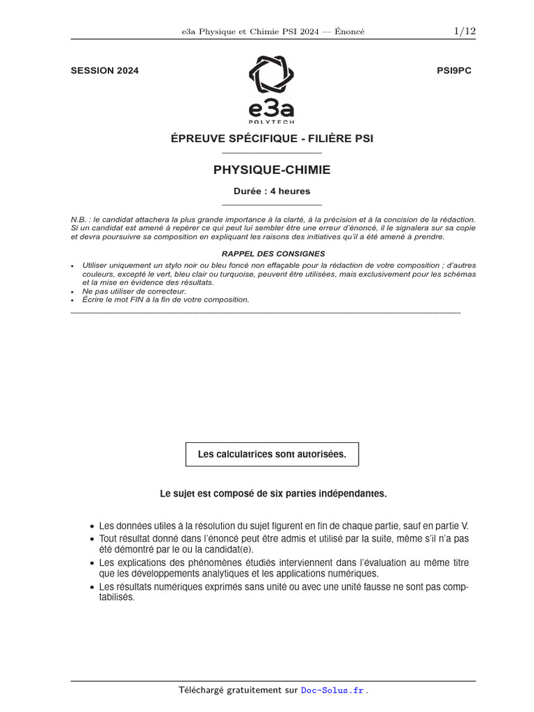 Énoncé E3A Physique PSI 2024 | PDF | Champ magnétique | Pendule (physique)