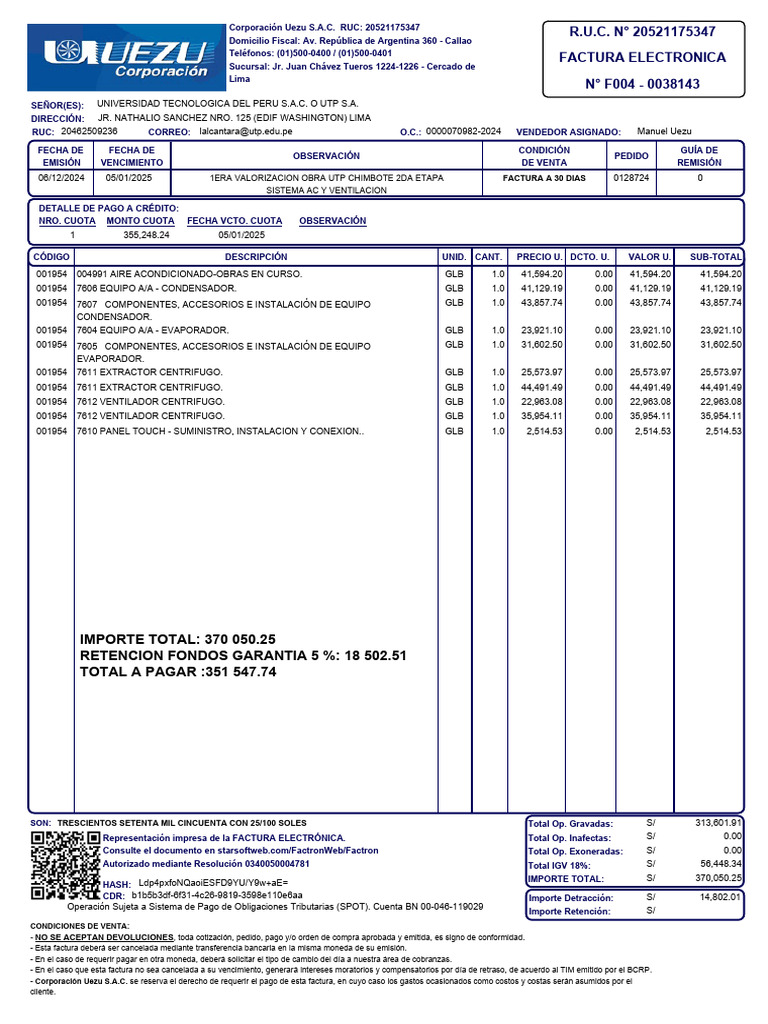 Factura Uezu: Obra UTP Chimbote Etapa 2 | PDF | Bancario | Economias