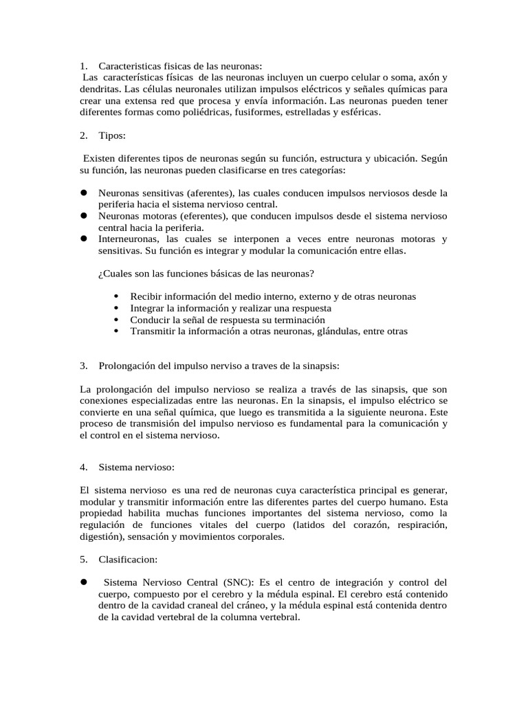 Características y funciones de las neuronas | PDF | Sinapsis | Neurona