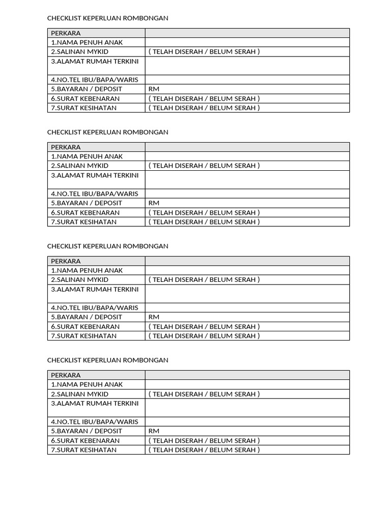 Checklist Keperluan Rombongan | PDF