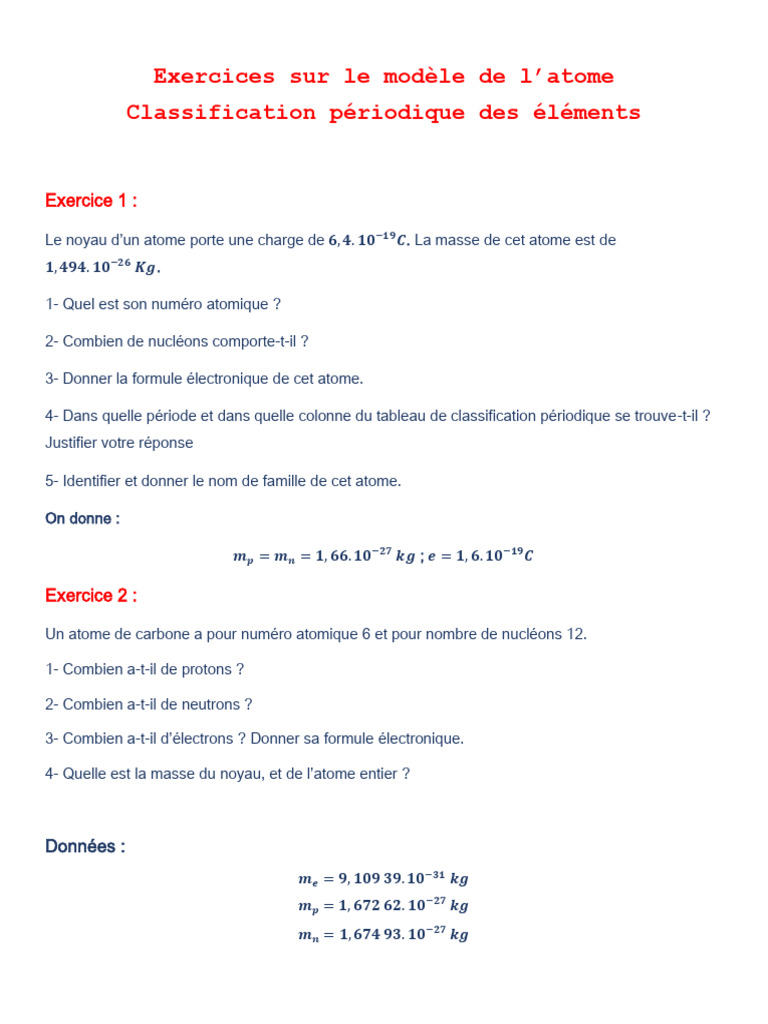 Exercices corrigés sur l'atome et ions | PDF | Ion | Noyau atomique