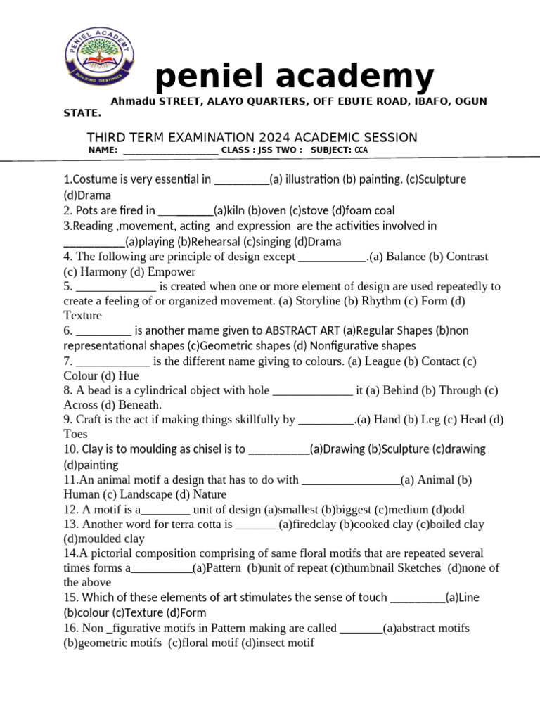 Jss2 cca 2024 third term examination pdf paintings pattern