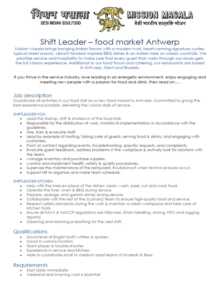 Shift Leader Position at Antwerp Food Market | PDF