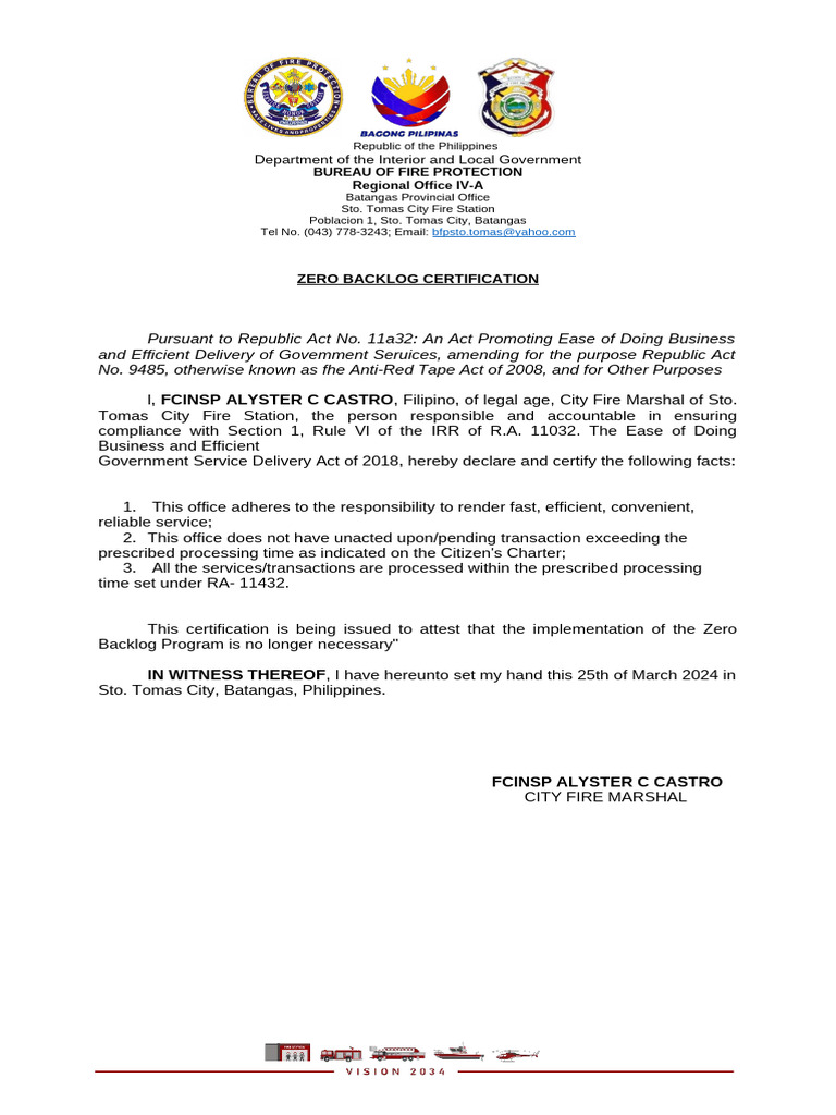 Zero Backlog Certification - Sto. Tomas Fire | PDF