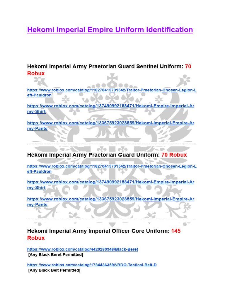 Hekomi Imperial Empire Uniform Identification | PDF