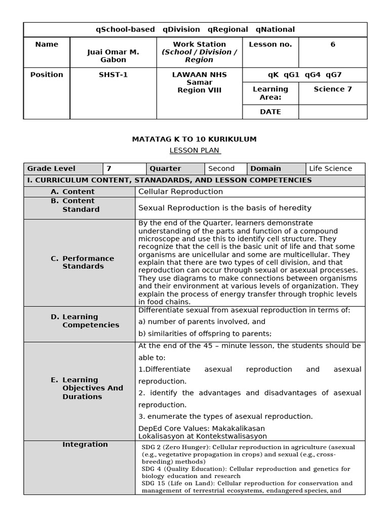 Grade 7 Science Lesson Plan: Reproduction | PDF | Reproduction | Learning