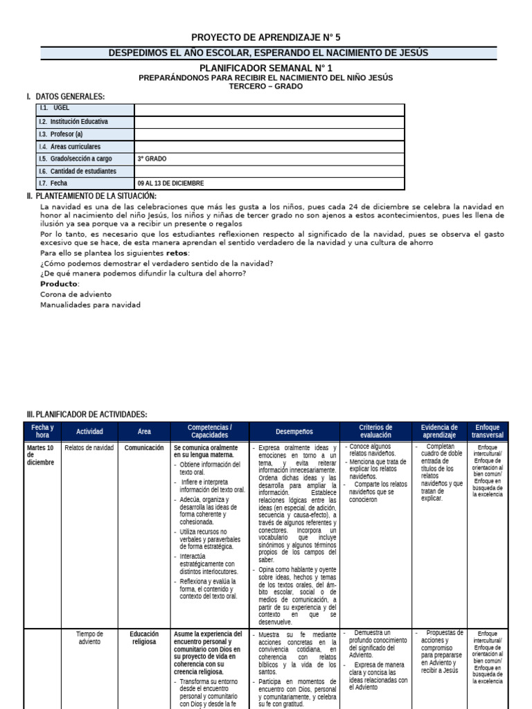 Planificación Navideña para Tercer Grado | PDF | Evaluación | Aprendizaje