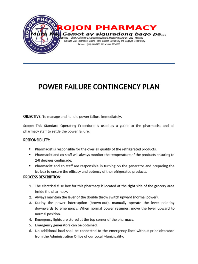 Power Failure Contingency Plan for Pharmacies | PDF | Pharmacy ...